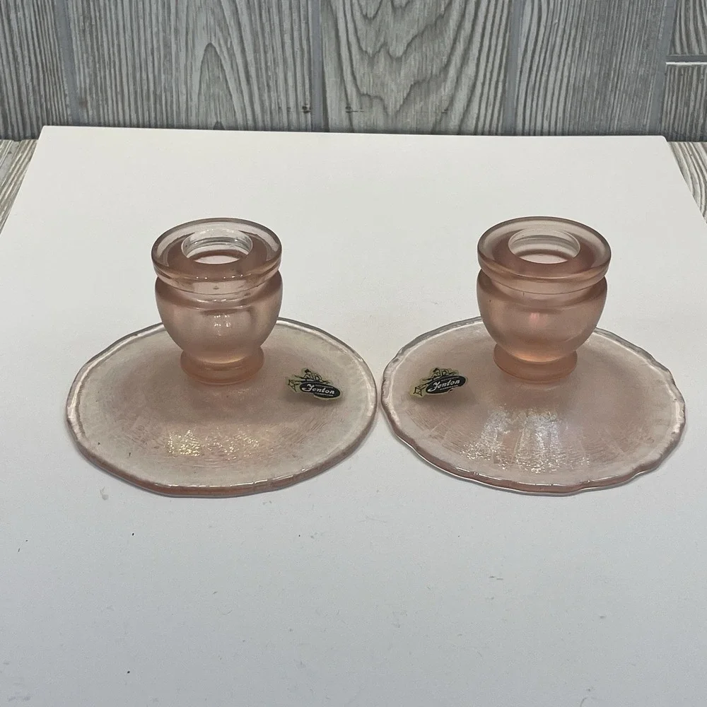 Vintage Fenton Pink Velva Rose Iridescent Glass Candlesticks Candle Holders